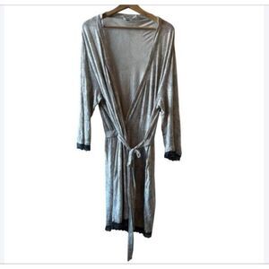 Calvin Klein Silver Gray Velvet Robe with Black Lace Trim